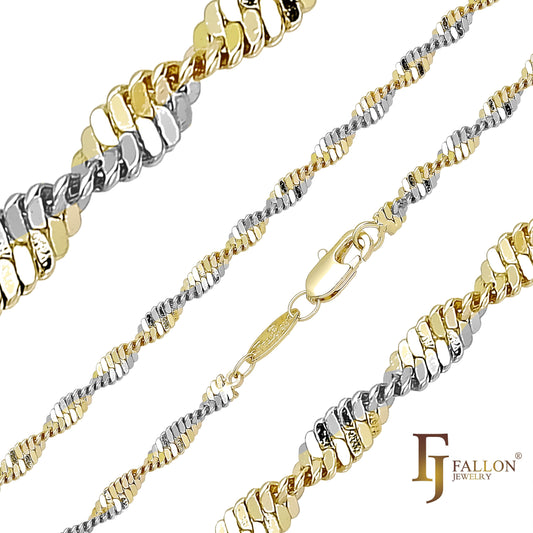 .Correntes de elos duplos singapura banhadas a ouro 14K, ouro 18K, ouro rosa, ouro branco, dois tons