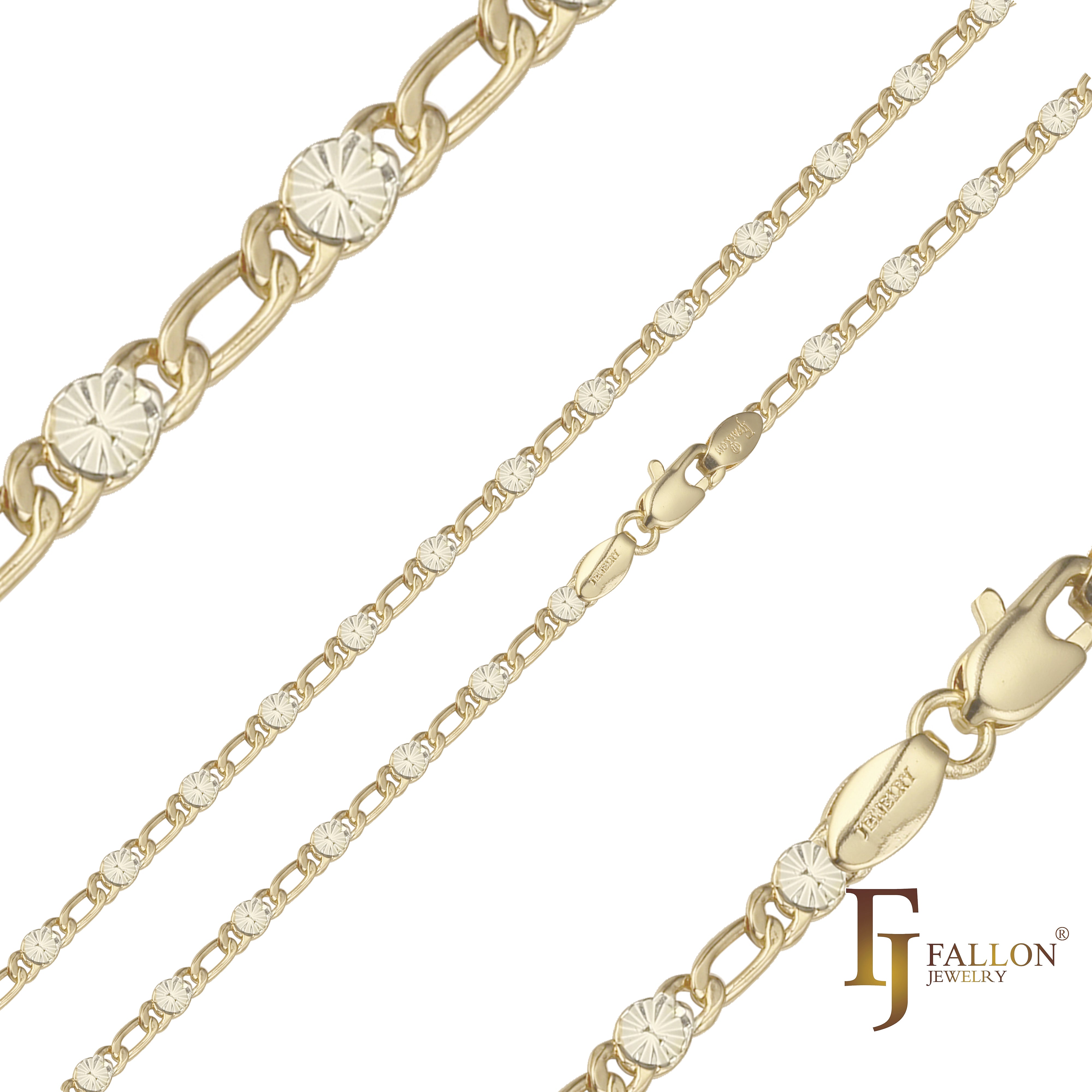 Figaro Fancy link sunburst hammered chains plated in 14K Gold, Rose Gold, two tone