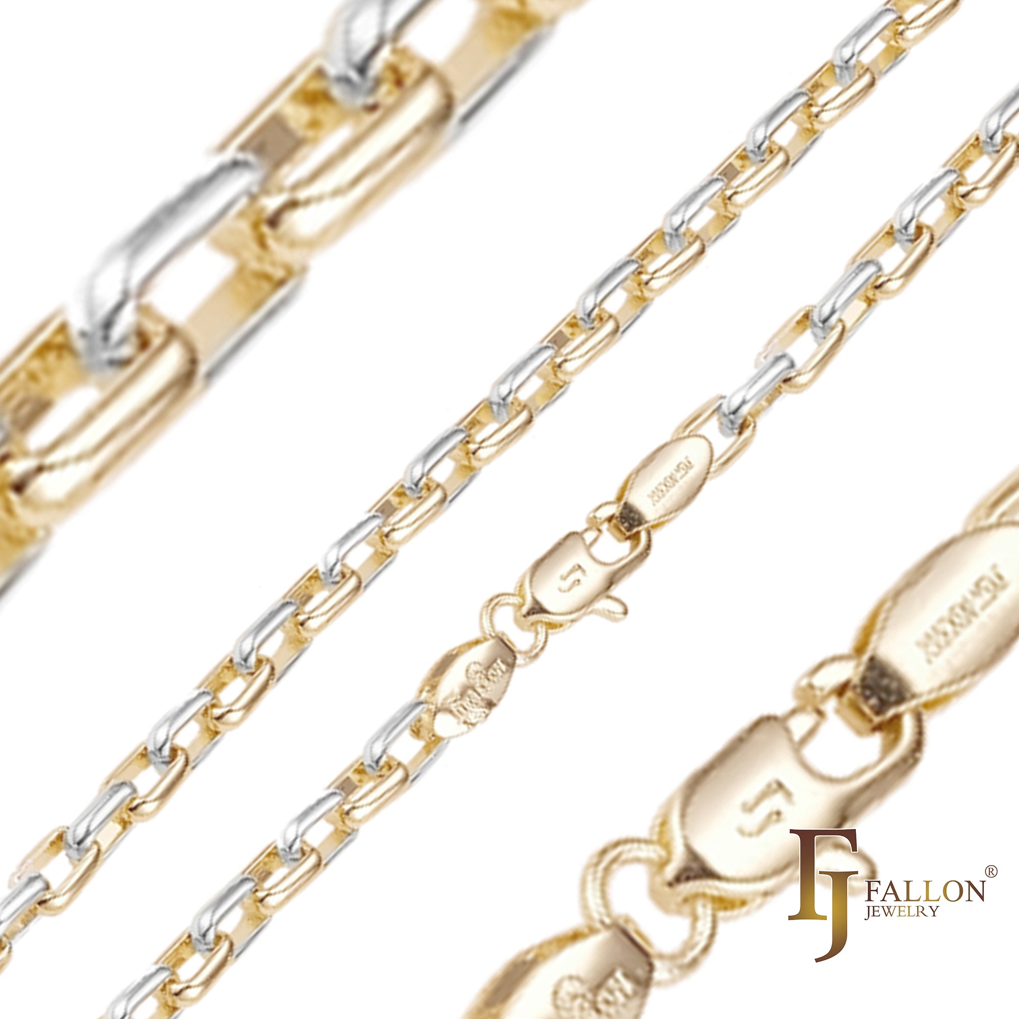 Oblong rounded box link chains plated in White Gold, 18K Gold, 14K Gold, Rose Gold, two tone