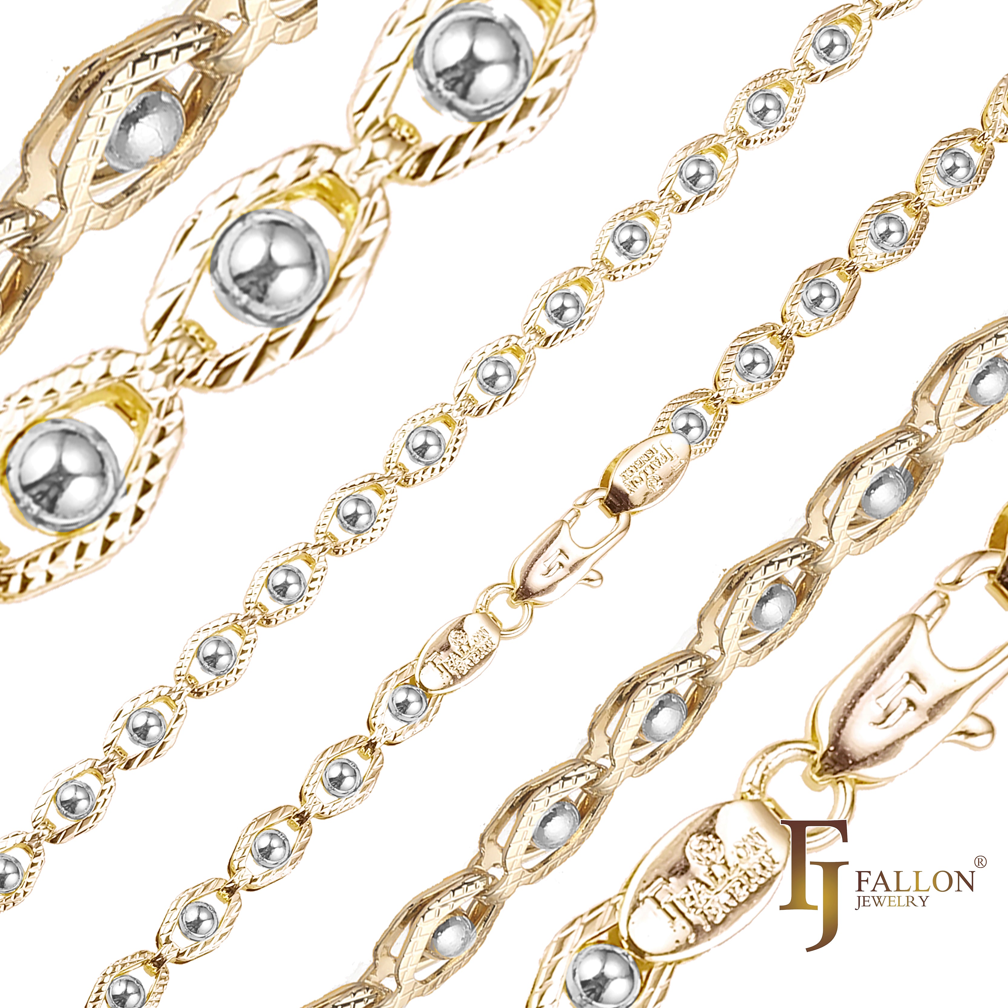 Eyes beads fancy link chains plated in 14K Gold, Rose Gold, two tone
