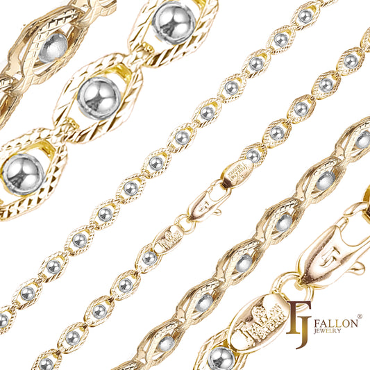 Eyes beads fancy link chains plated in 14K Gold, Rose Gold, two tone