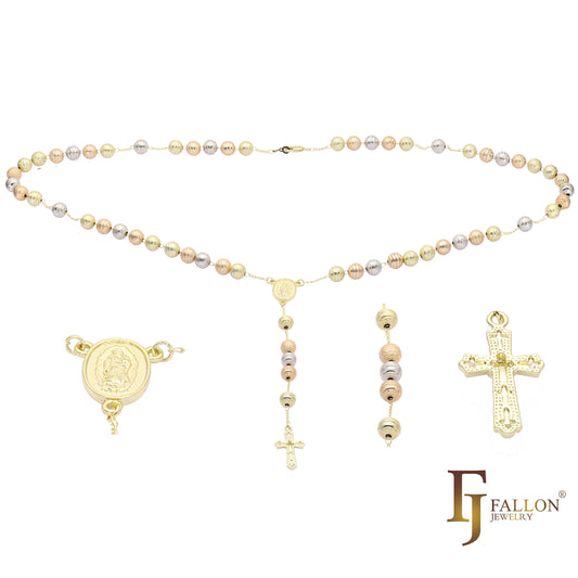 Italian Virgin of Guadalupe Catholic Rosary Necklace (Brushed Grooved Beads) plated in 14K Gold two tone