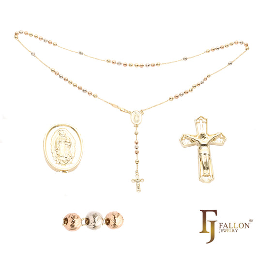 Italian Virgin of Guadalupe Catholic Rosary Necklace (Corrugated Round Beads) plated in 14K Gold, 14K Gold two tone
