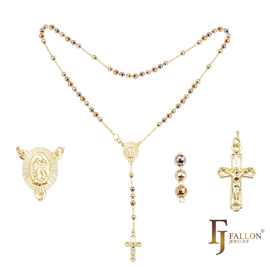 Italian Virgin of Sunburst Etched Guadalupe Catholic Rosary Necklace (Faceted Disco Beads) plated in 14K Gold