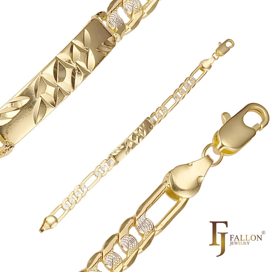 Figaro link Oro de 14 quilates, pulseras de identificación de trébol para hombre martilladas onduladas en dos tonos
