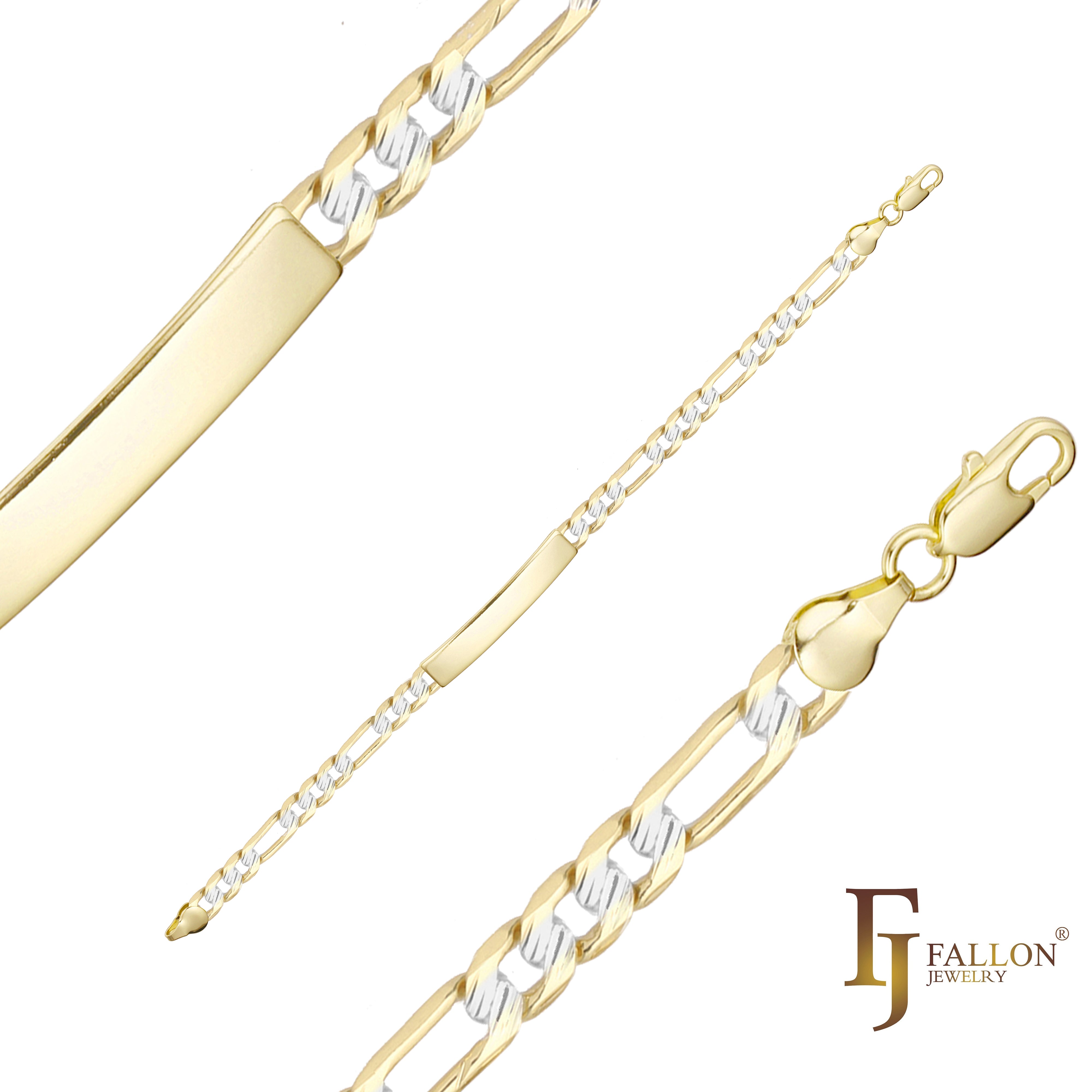 Figaro link trace martillado oro de 14 quilates, pulseras de identificación para hombres grabables en dos tonos