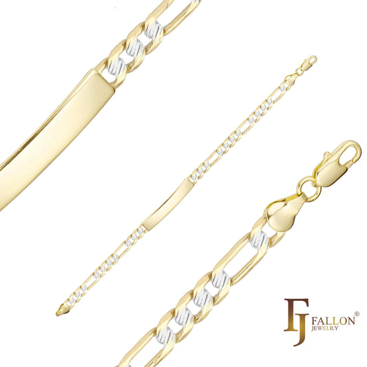 Figaro link trace martillado oro de 14 quilates, pulseras de identificación para hombres grabables en dos tonos