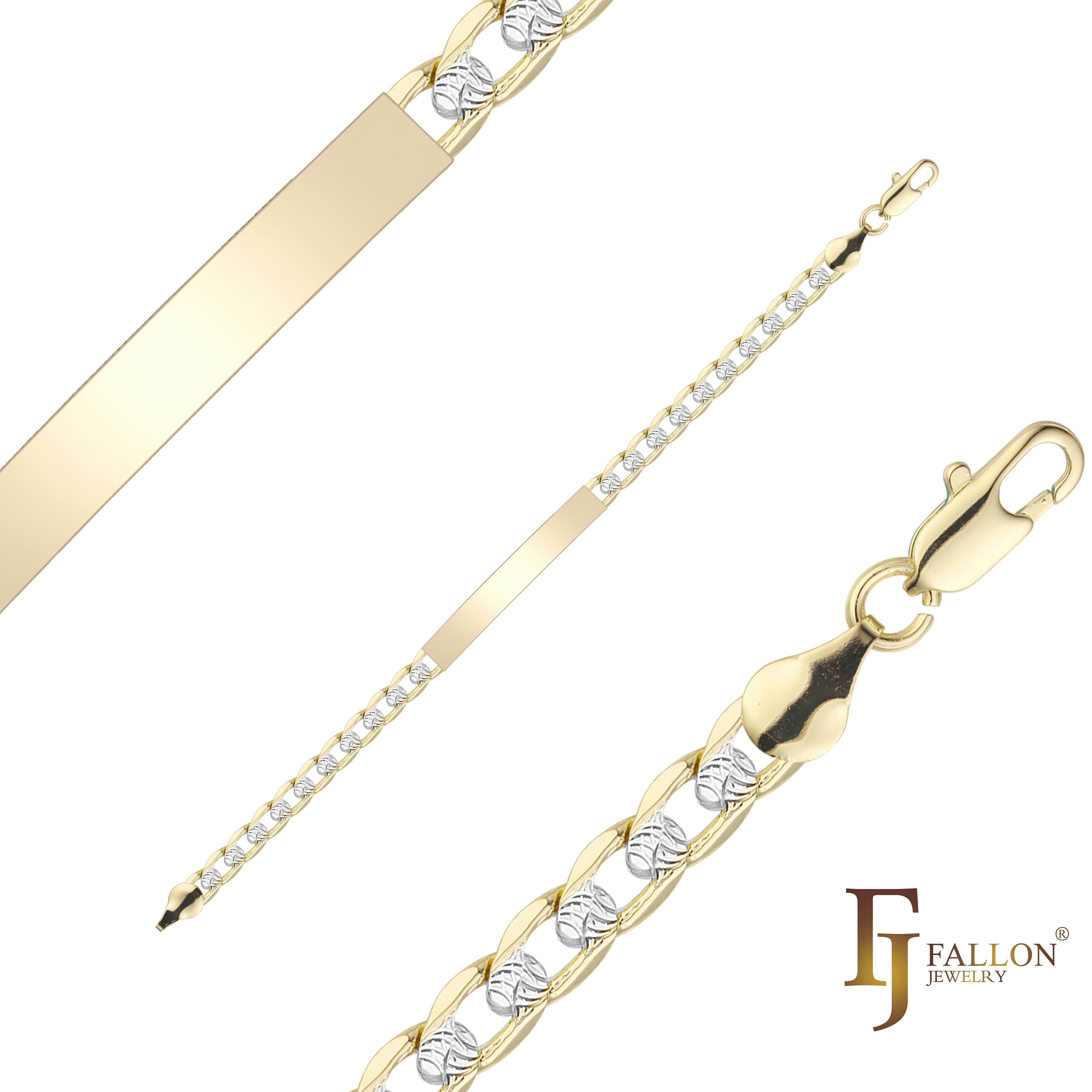 Pulseras de identificación para hombre con eslabón curvo ondulado martillado chapadas en oro de 14 quilates en dos tonos de colores
