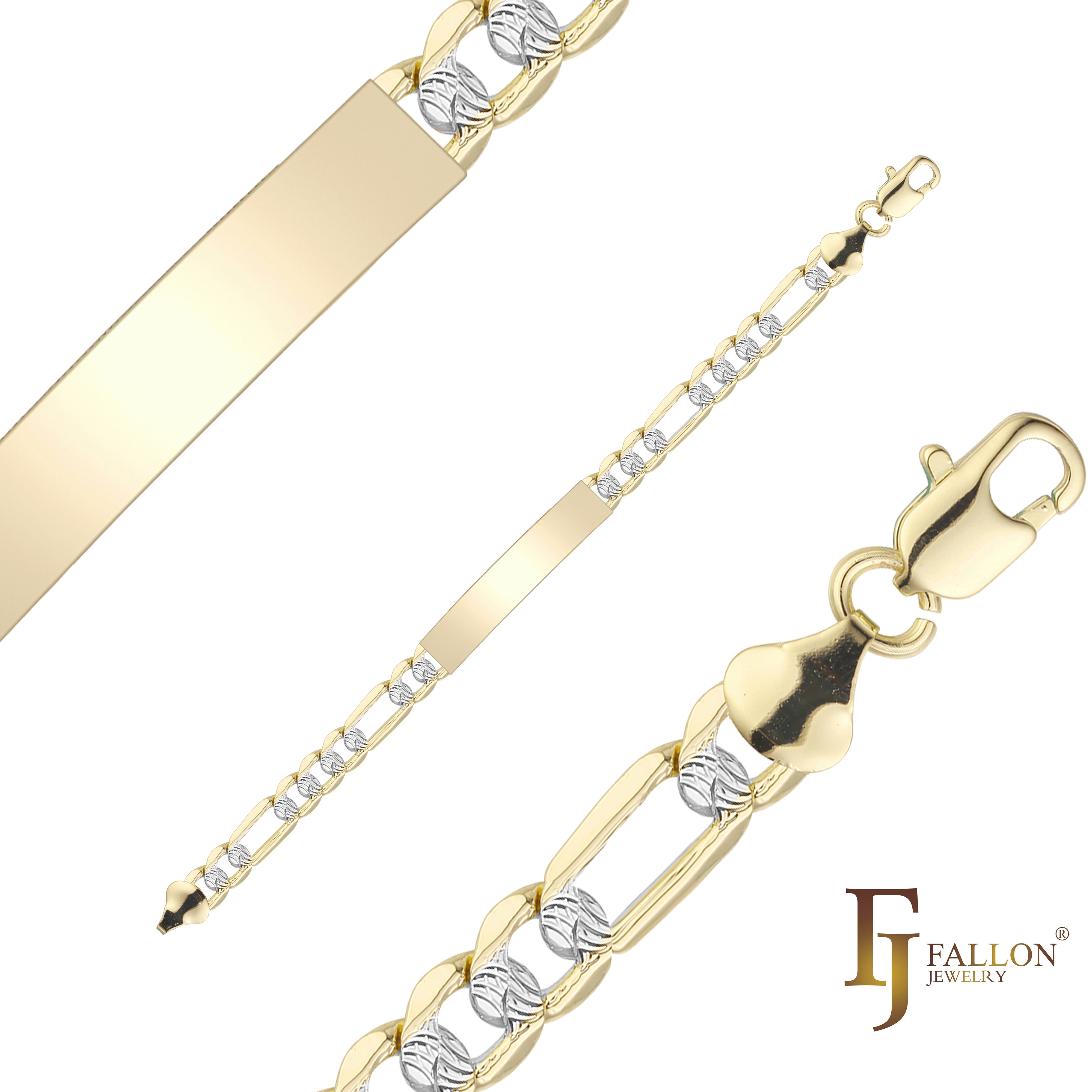 Figaro enlace ondulado martillado 14K oro grabable Pulseras de identificación para hombres