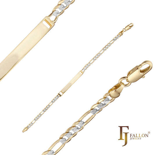 Pulseras identificativas de hombre con eslabones Figaro enchapadas en oro de 14K en dos tonos