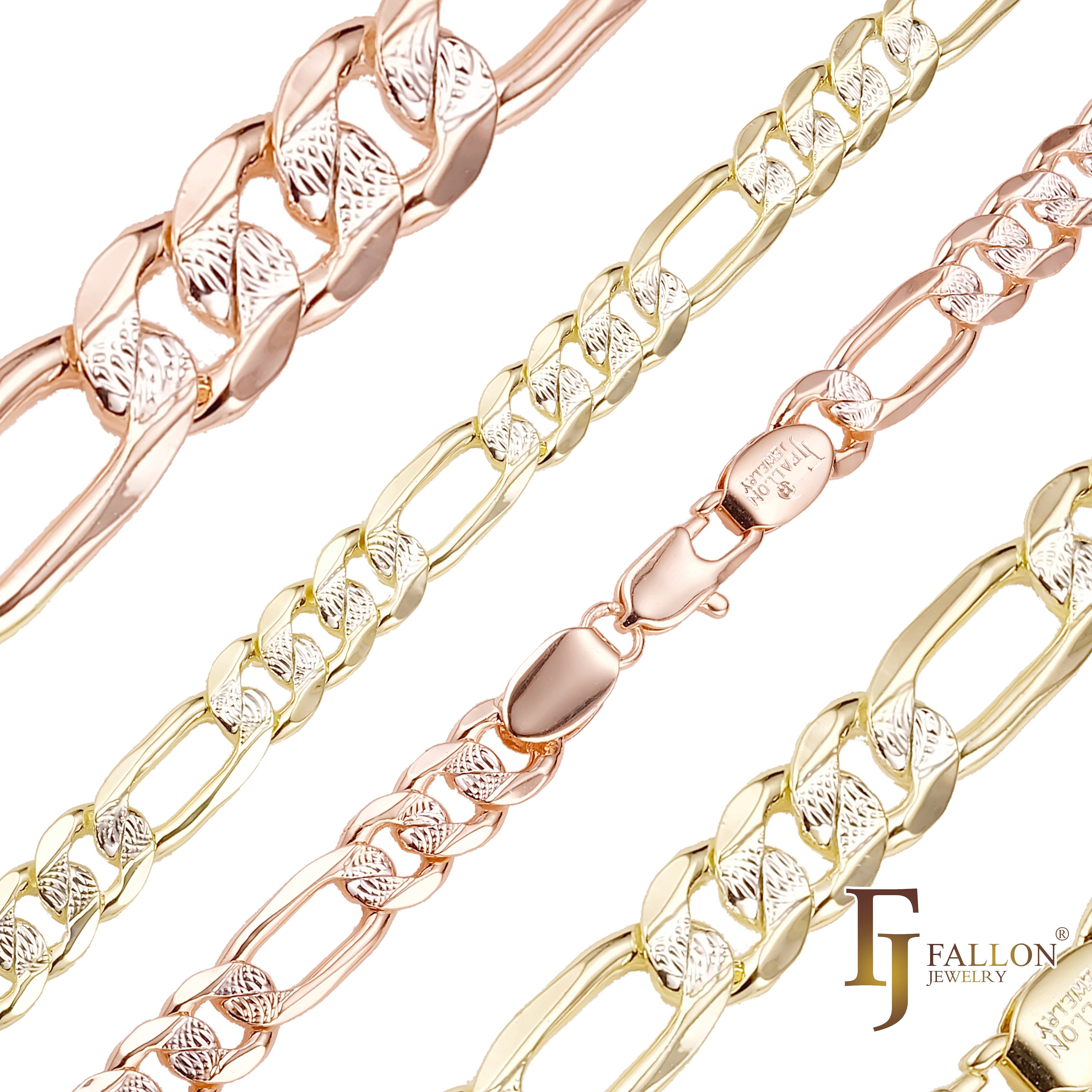 .Riffelgehämmerte Figaro-Gliederketten, plattiert mit 14 Karat Gold, Roségold, zweifarbig