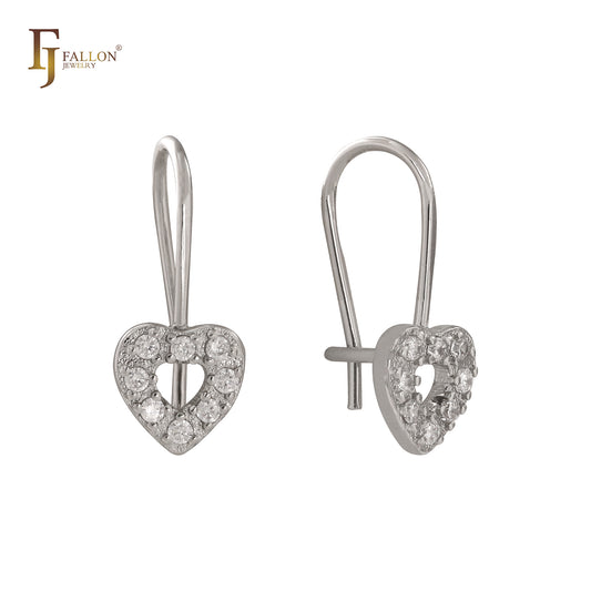 Pendientes de oro de 14 quilates, oro rosa y oro blanco con circonitas blancas en forma de corazón y gancho de alambre.