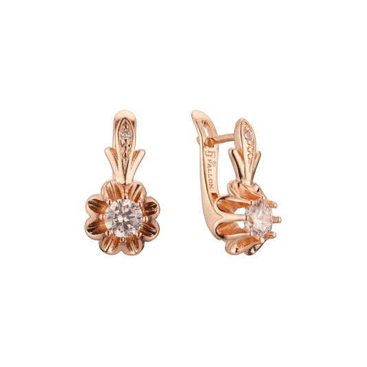 .Flower solitaire white cz earrings in 14K Gold, Rose Gold, two tone plating colors