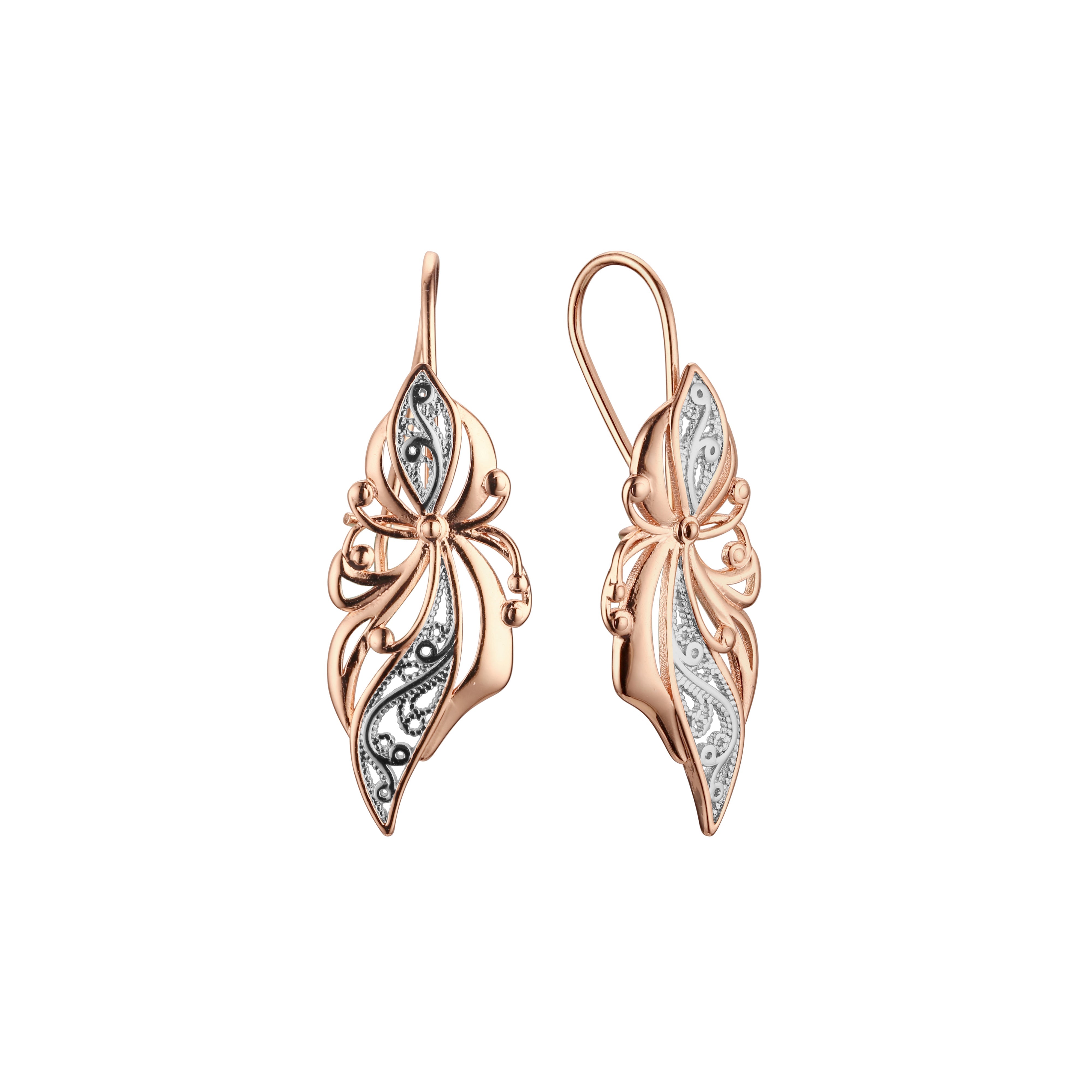 .Pendientes de gancho de alambre de flores en oro rosa, baños de dos colores