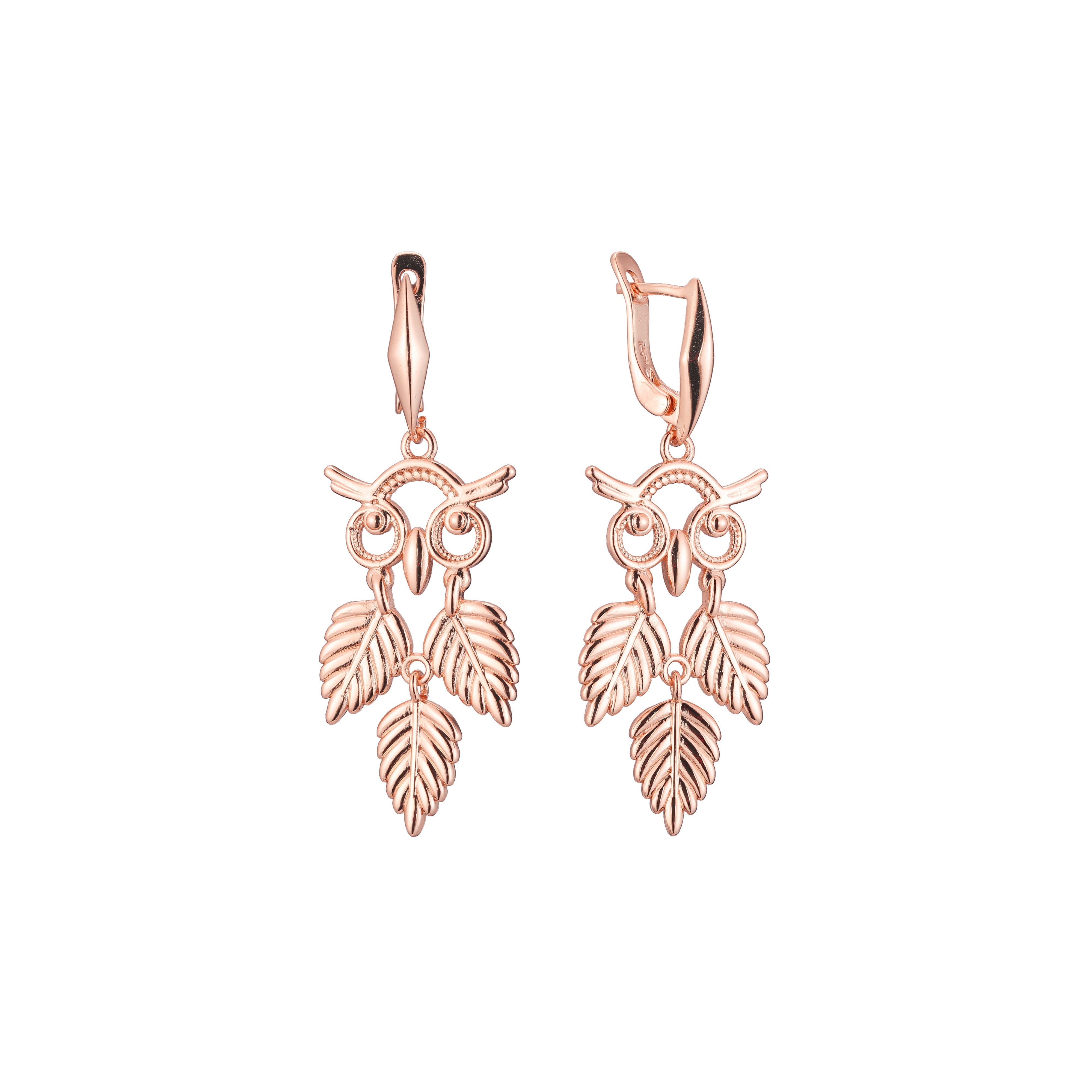 Aretes de Búho y tres hojas en Oro de 14K, baño de Oro Rosa colores