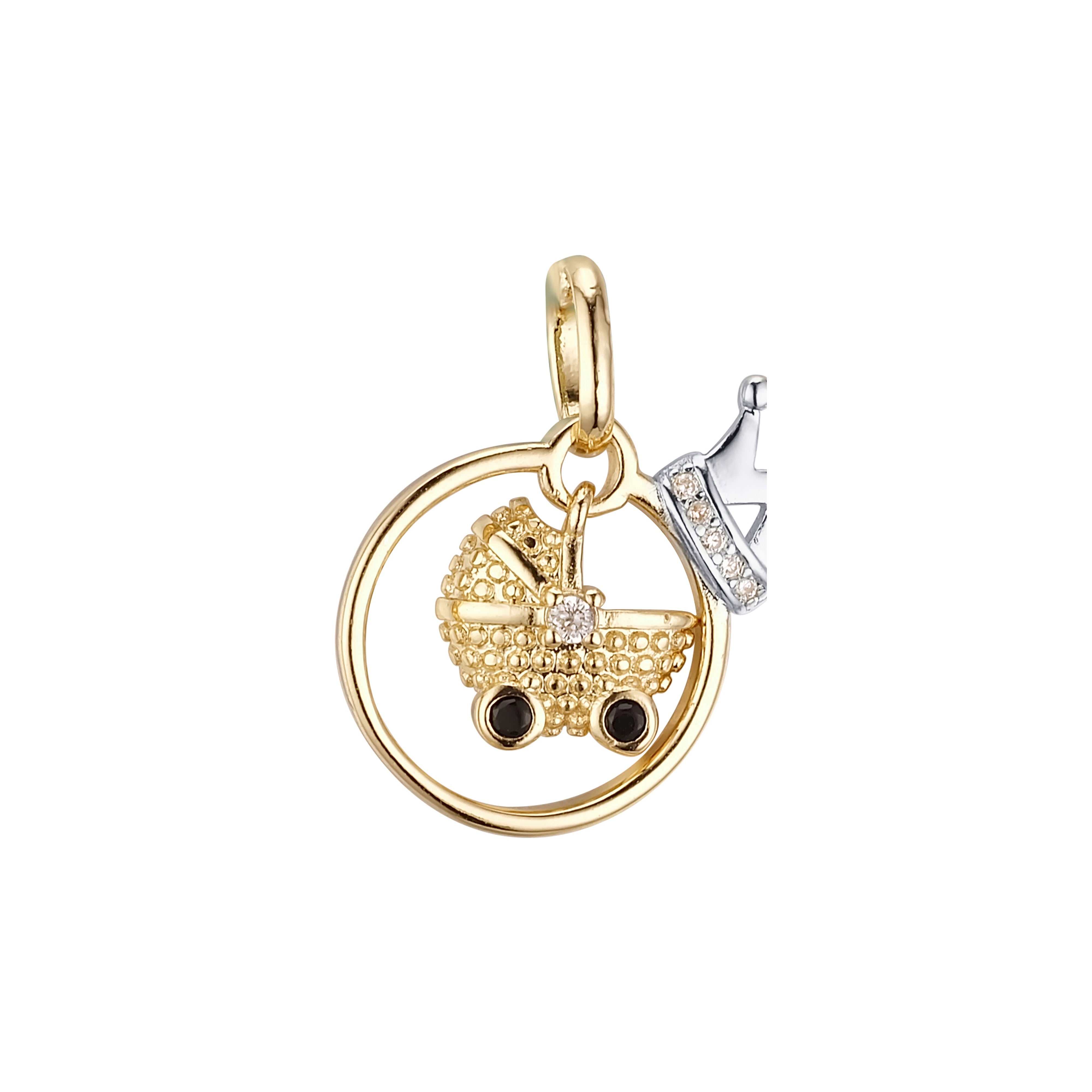 Lindo cochecito de bebé con corona Oro de 14 quilates, colgante de oro rosa