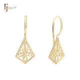 Pendientes de gancho de alambre con rombos de filigrana en oro de 14 quilates, oro rosa y oro blanco