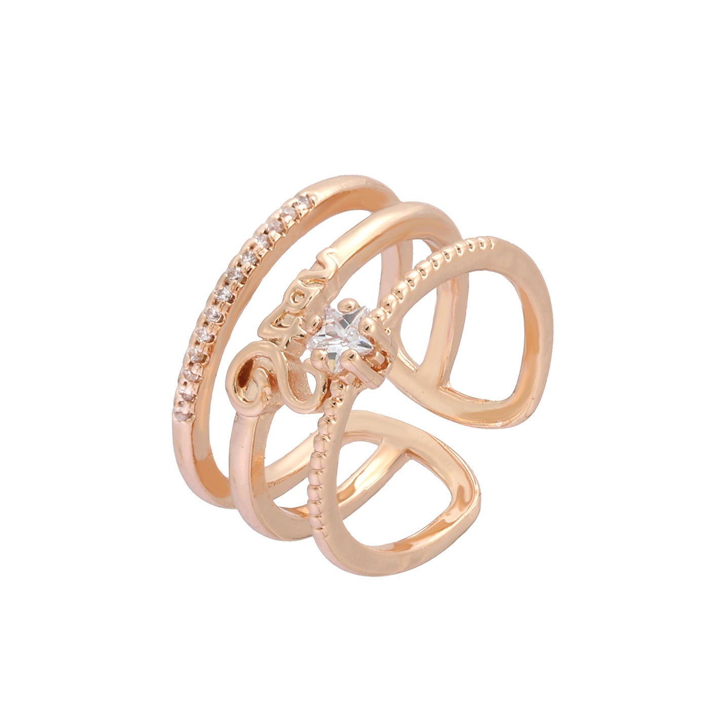 Anillos abiertos de tres bandas de oro rosa con pavé de circonitas blancas