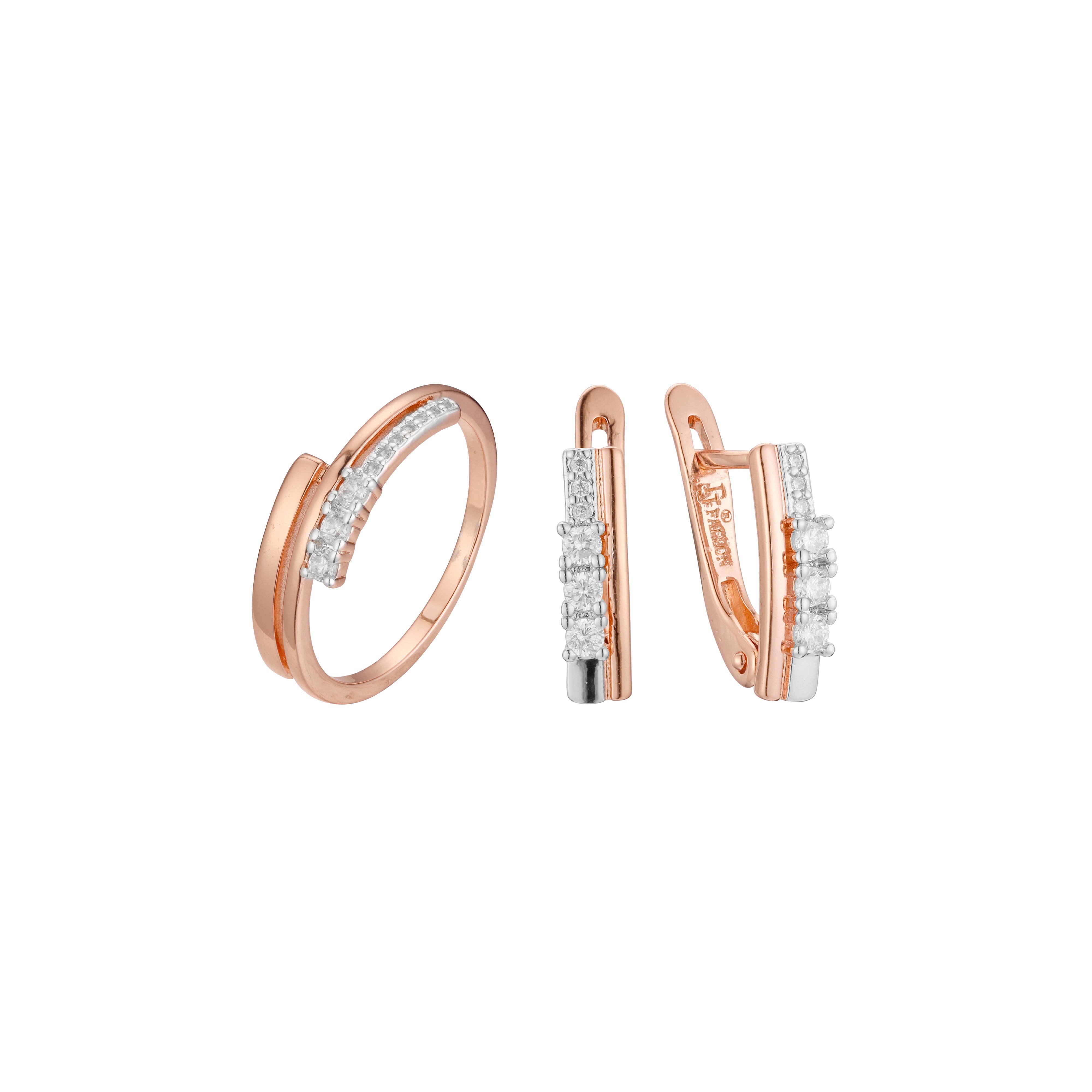 Conjunto de racimo de tres piedras de dos tonos de oro rosa