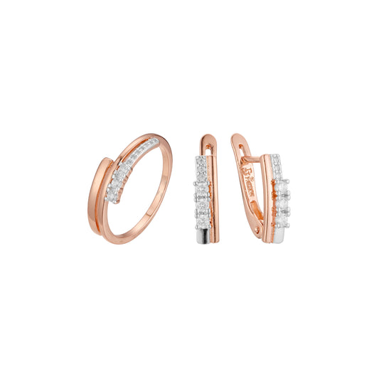 Conjunto de racimo de tres piedras de dos tonos de oro rosa