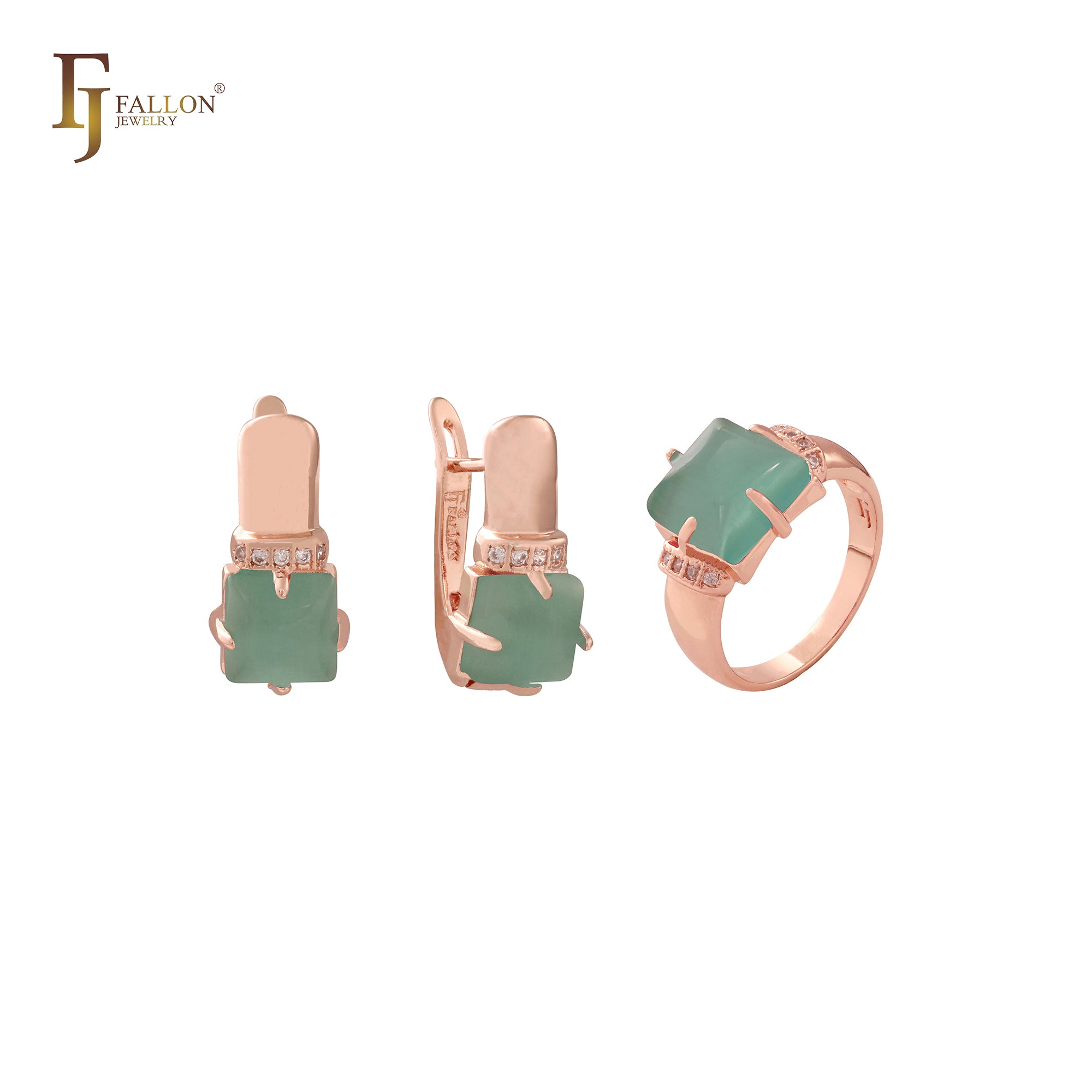 Conjunto de Joyería Solitario Cojín redondeado verde esmeralda Anillos y colgante en Oro rosa