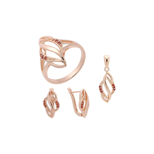Elegante juego de anillos y colgantes de fuego y llamas chapados en oro rosa.