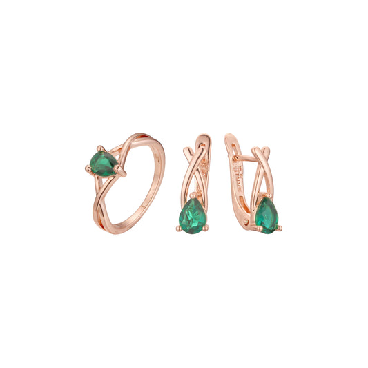 Conjunto de esmeralda solitario de oro rosa