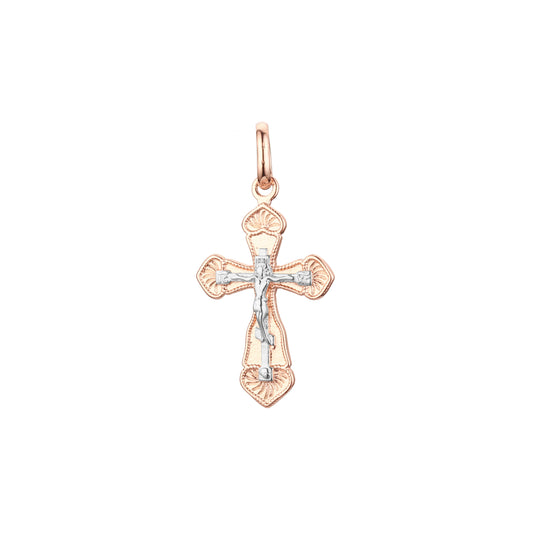 Colgante cruz ortodoxa rusa en Oro 14K, Oro Rosa bicolor, baño de Oro Blanco colores
