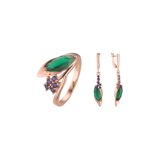 Solitario de oro rosa marquesa verde a un lado con piedras azules engastadas