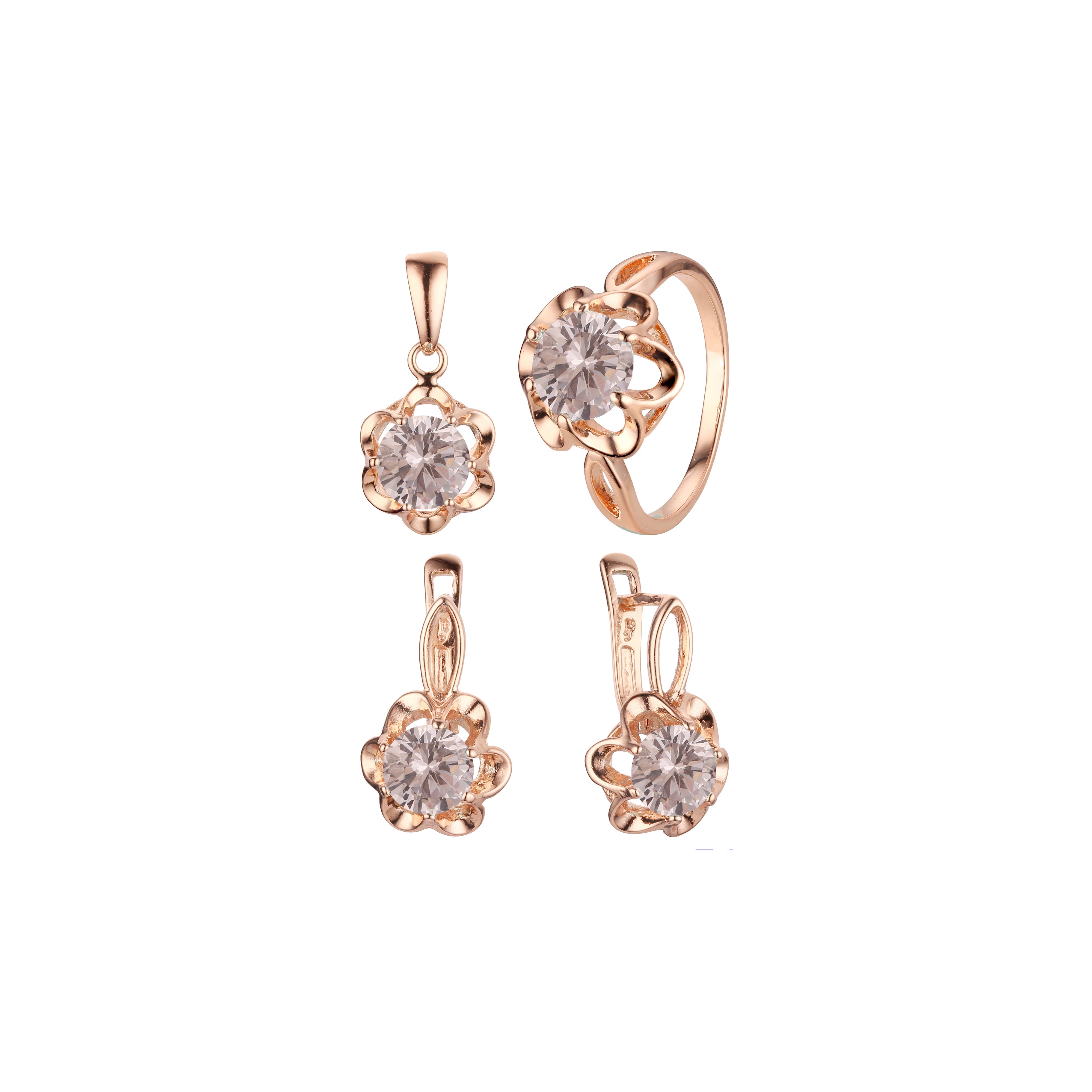 Solitario flor grande juego de anillos y colgante de bisutería chapado en oro rosa