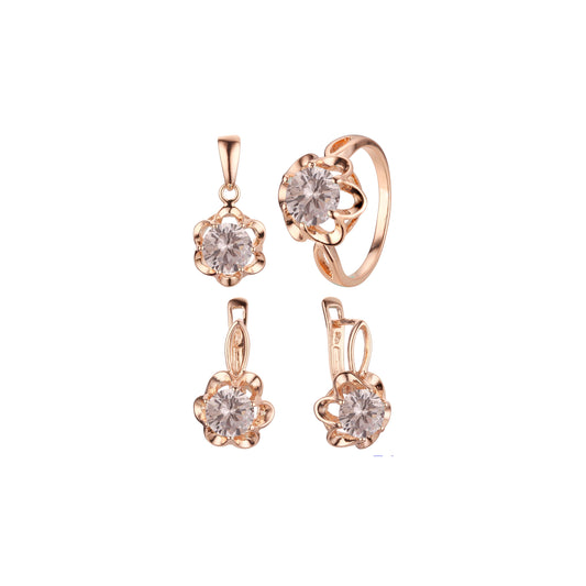 Solitario flor grande juego de anillos y colgante de bisutería chapado en oro rosa