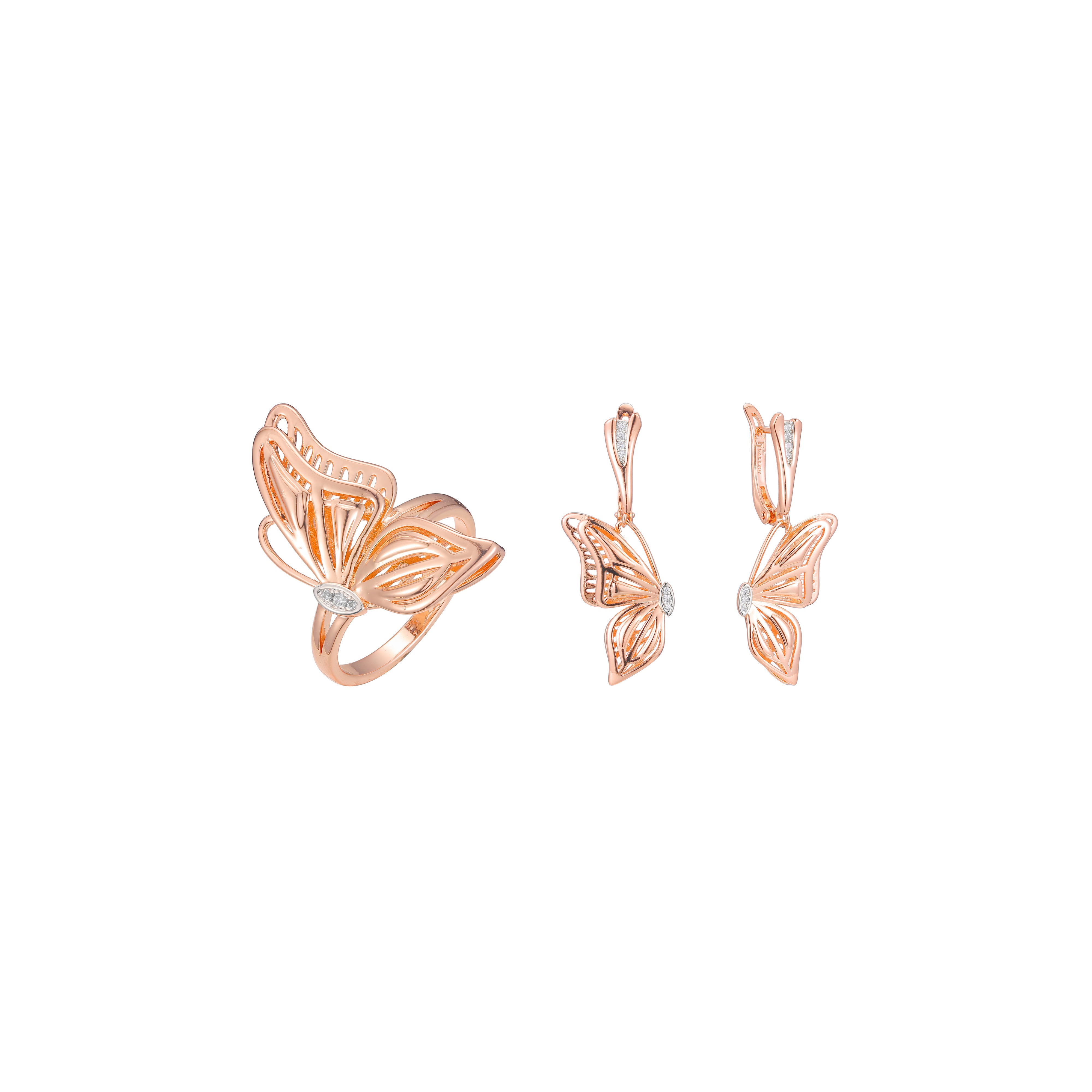 Lujoso y elegante conjunto de gran mariposa con anillos en Oro Rosa, baño de dos colores