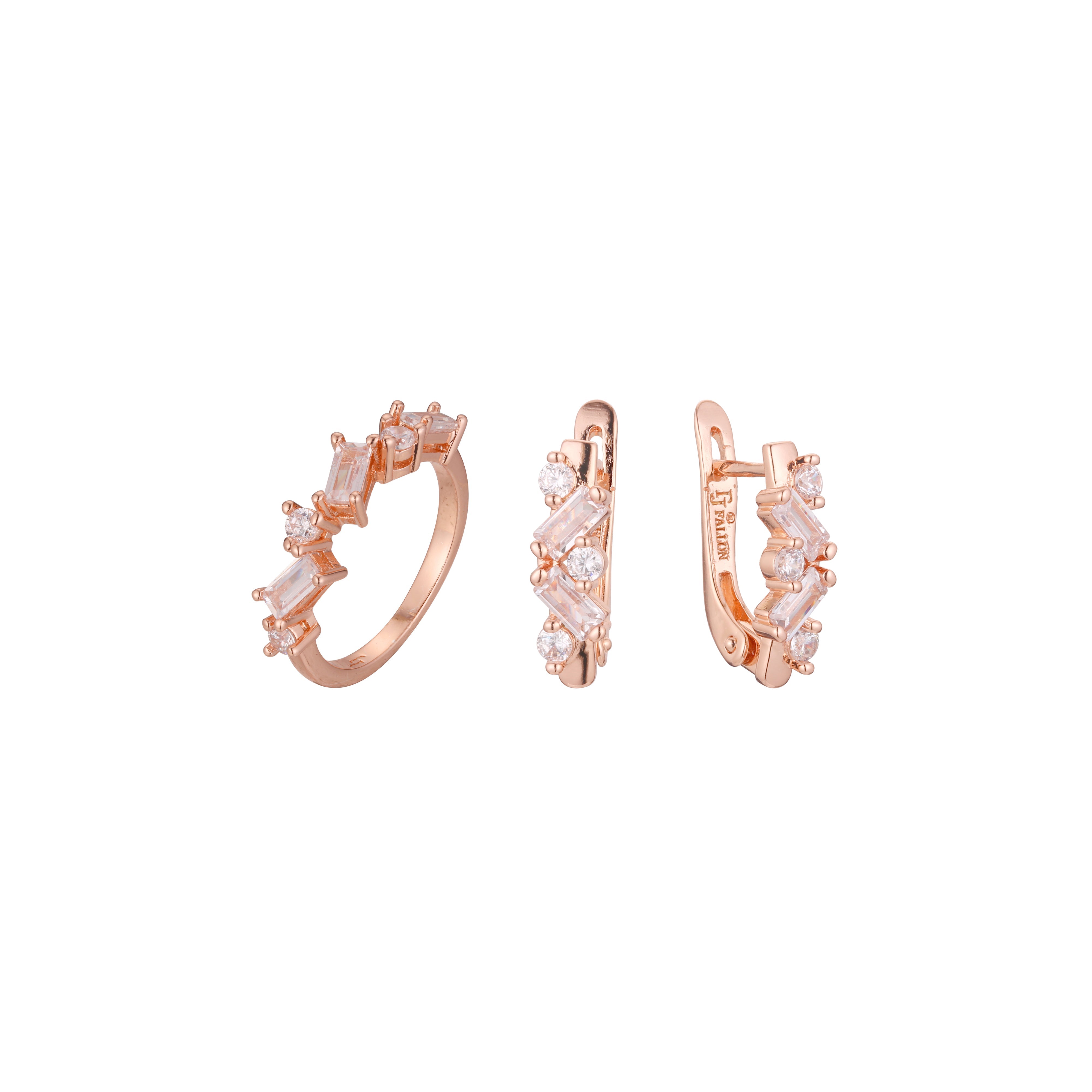 Juego de racimo de piedras redondas mixtas de corte esmeralda de oro rosa