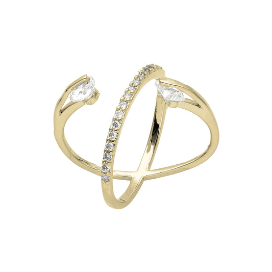 Anillo de oro de 14 quilates con solitario cruzado y circonitas blancas pavimentadas