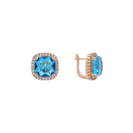 Pendientes Halo Solitaire de piedra grande en colores con baño de oro de 14 quilates, oro de 18 quilates y oro rosa.