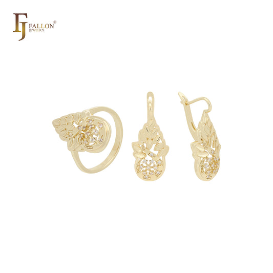 Conjunto de joyas de oro rosa de 14 quilates con circonitas blancas y anillos en forma de racimo de piña