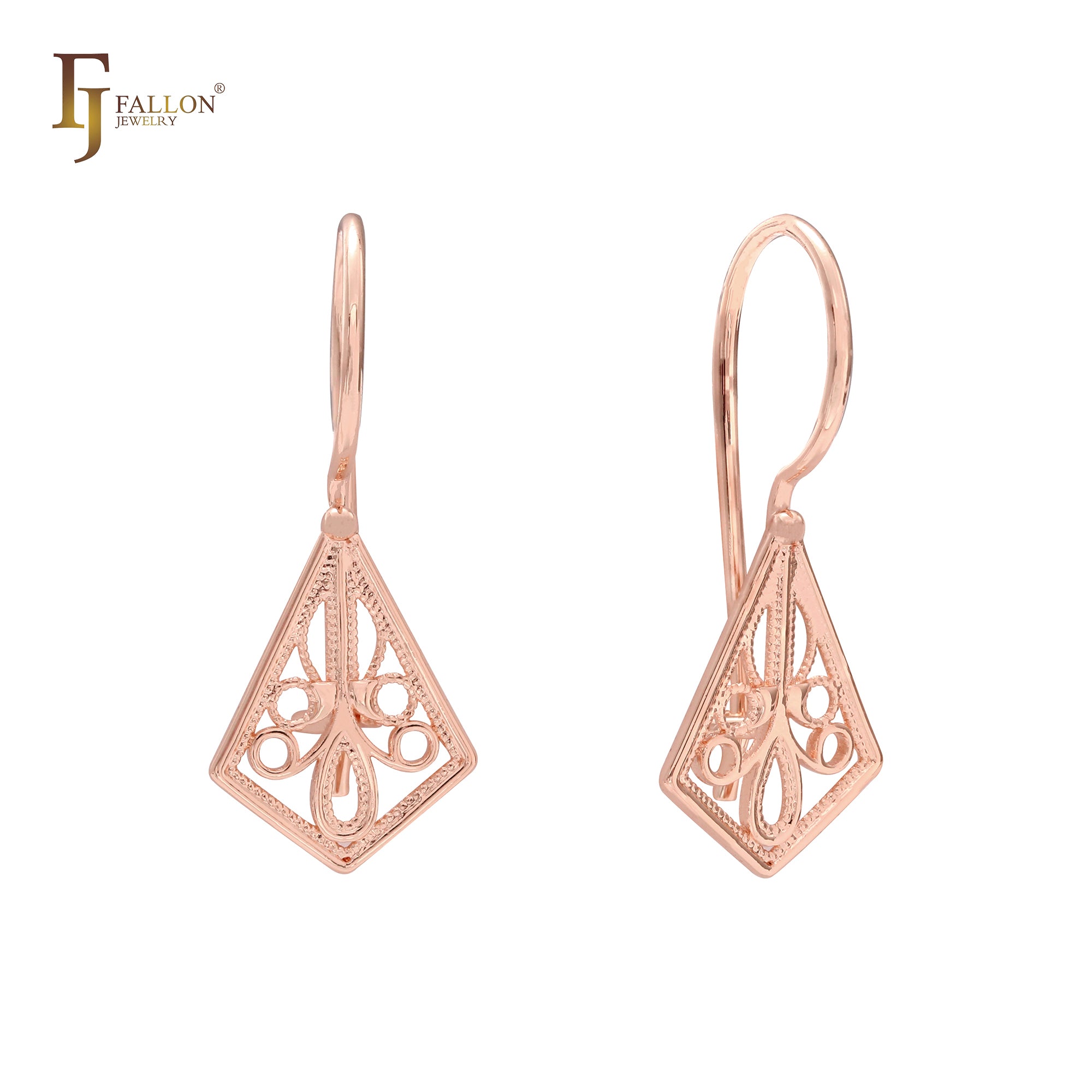 Pendientes de gancho de alambre con rombos de filigrana en oro de 14 quilates, oro rosa y oro blanco