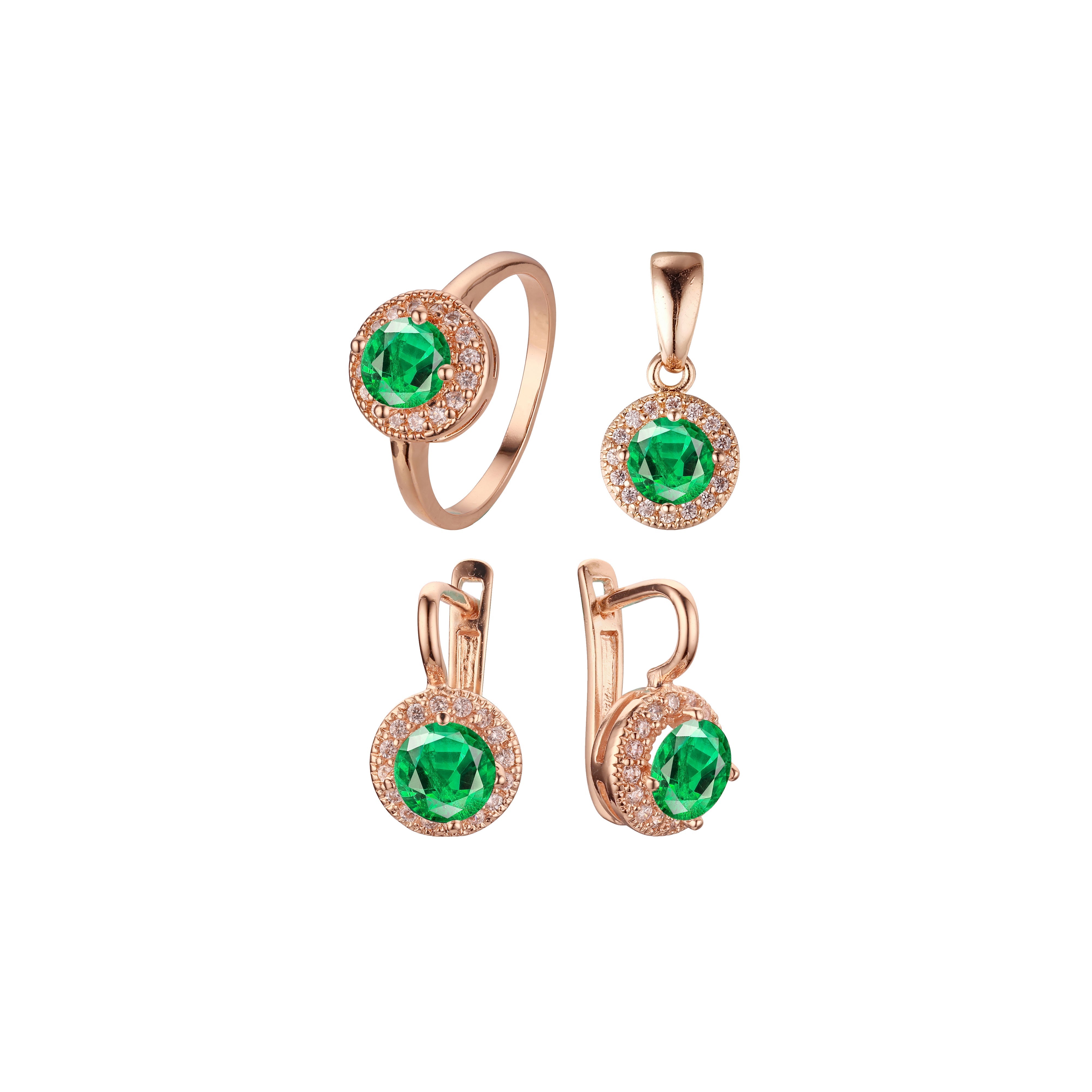 Conjunto de joyería con colgante y anillos chapados en oro blanco con halo de circonitas cúbicas de gran tamaño y forma redonda.