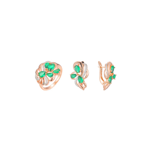 Conjunto de racimo de esmeraldas de flores elegantes de lujo de dos tonos de oro rosa