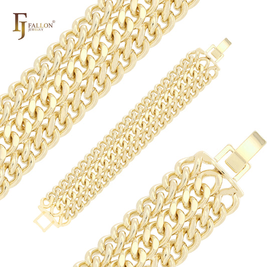 トリプル キューバ リンク カーブしたワイド 14K ゴールド ブレスレット