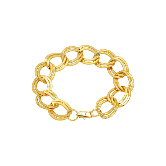 Pulseras de oro de 18 quilates con eslabones anchos dobles ovalados medio martillados