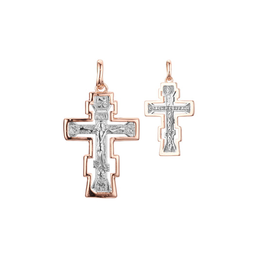 Colgante cruz ortodoxa rusa en Oro 14K, Oro Rosa bicolor, baño de Oro Blanco colores