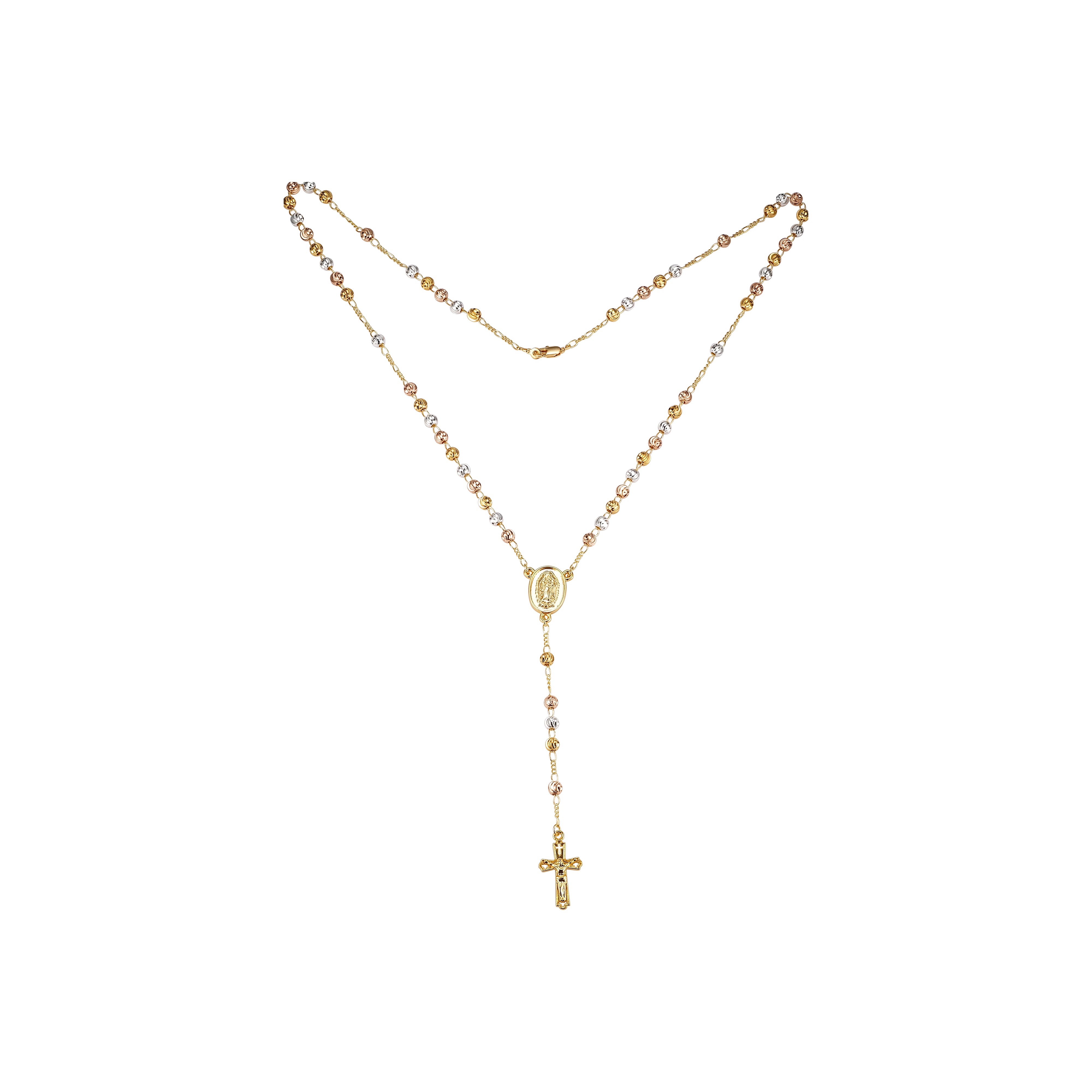 Italian Virgin of Guadalupe Catholic Rosary Necklace (Grooved Beads) plated in 14K Gold two tone
