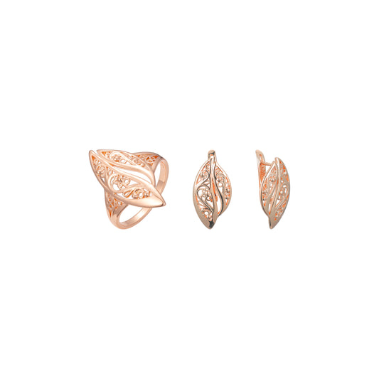 Juego de anillos de hojas de remolino de filigrana renacentista chapado en oro rosa