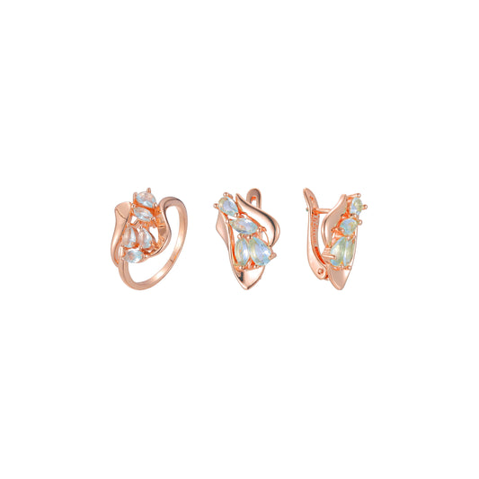 Conjunto de joyas de anillos azul lago de racimo de moda chapado en colores oro rosa