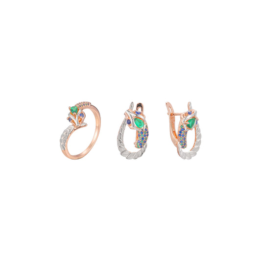 Serpiente plateada de dos tonos de oro rosa con conjunto de piedras mixtas azules y verdes