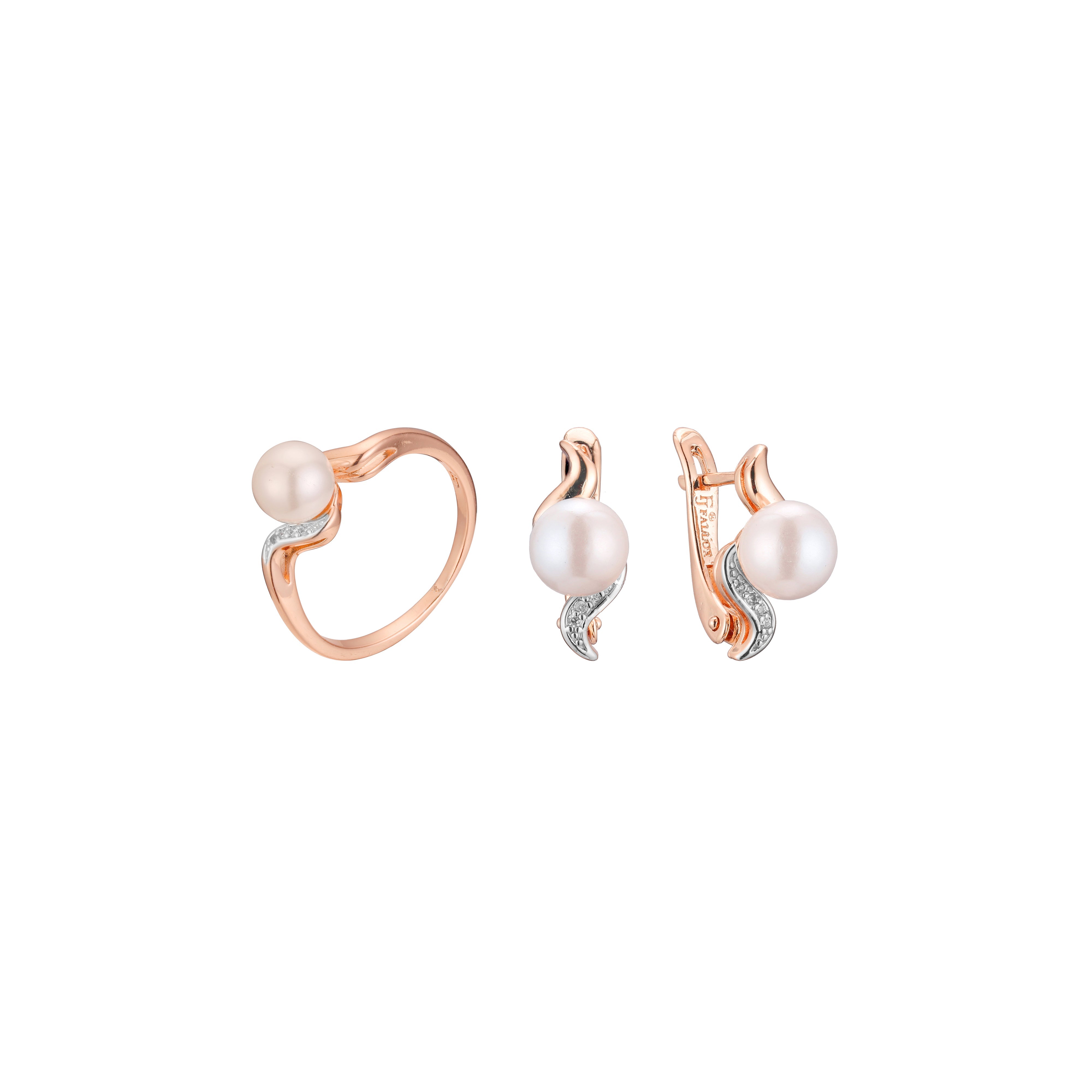 Perla de dos tonos de oro rosa engastada con piedras plateadas.
