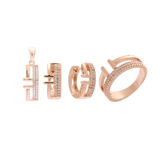 Anillos y colgante de circonita cúbica blanca pavimentados medio abiertos Oro 14K, conjunto de joyas de oro rosa
