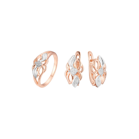 Conjunto de racimo de dos tonos de oro rosa con hojas plateadas