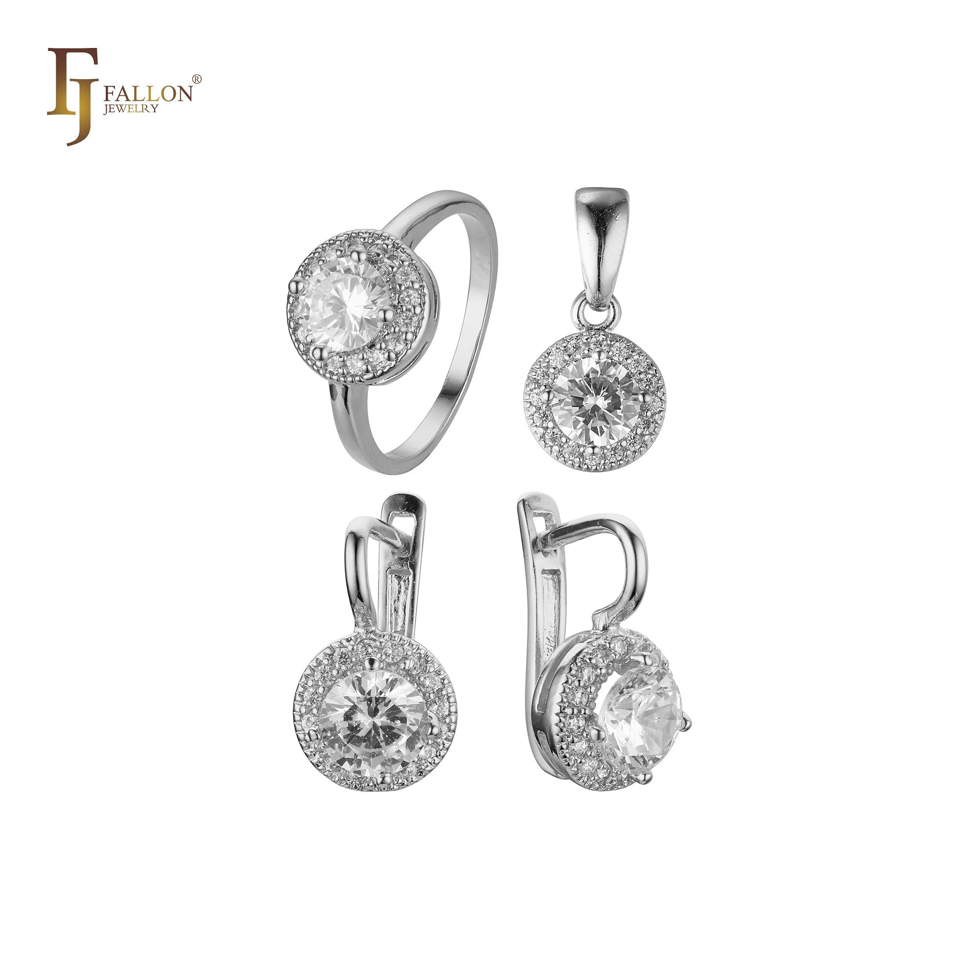 Conjunto de joyería con colgante y anillos chapados en oro blanco con halo de circonitas cúbicas de gran tamaño y forma redonda.